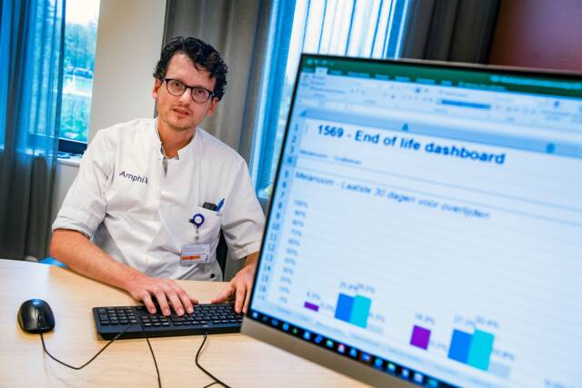 Man met bruine krullen achter bureau met computerscherm onze kant op gedraaid